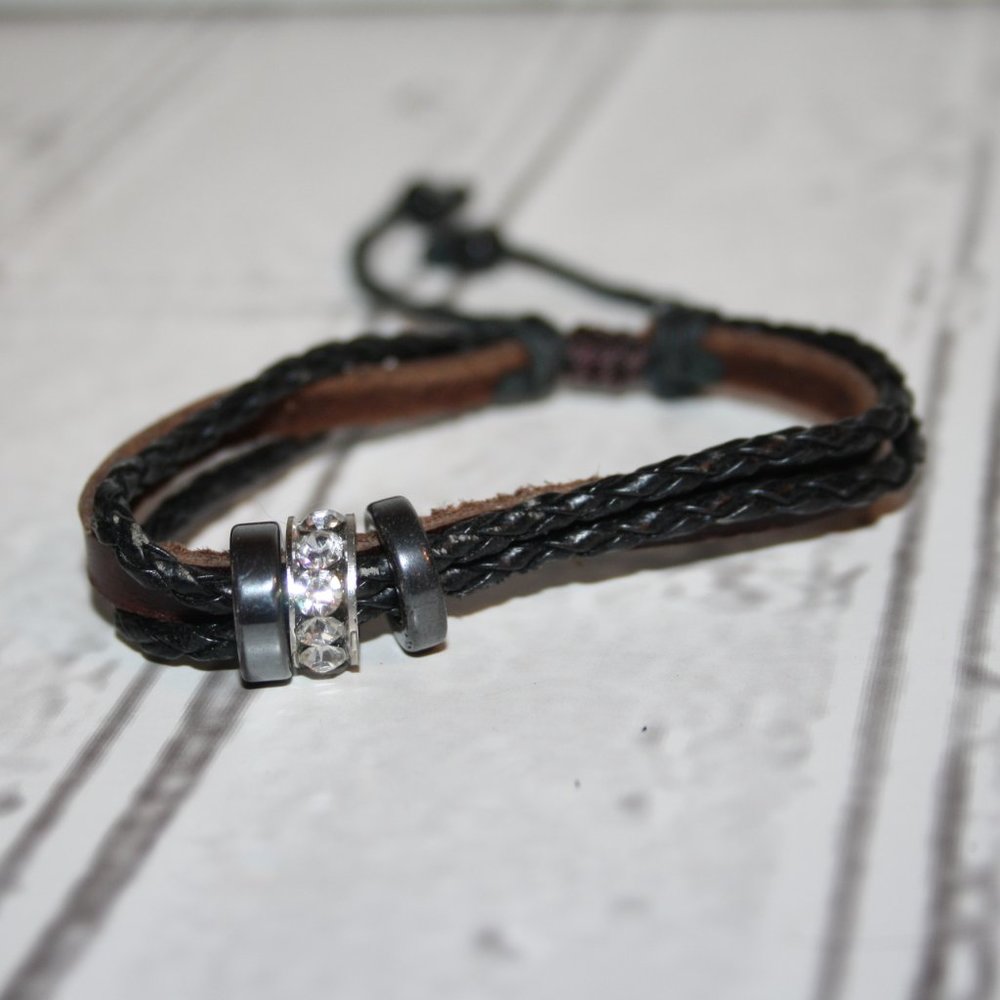 Beautiful brown and black cord bracelet with silver rhinestone adjustable